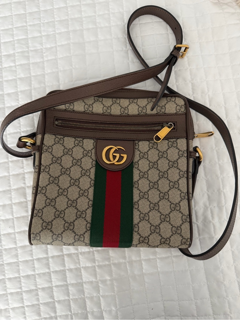 Gucci Beige/Brown GG Supreme Crossbody with Red & Green Web